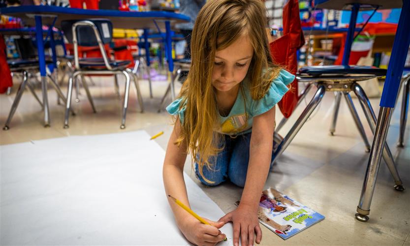 A girl with long brown hair draws on a large piece of paper laying on the ground